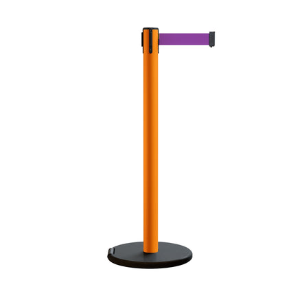 Retractable Belt Barrier Stanchion, Rolling Base, Orange Steel Post, 11 ft Belt - Montour Line MSE630