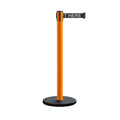 Retractable Belt Barrier Stanchion, Rolling Base, Orange Steel Post, 11 ft Belt - Montour Line MSE630