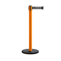 Retractable Belt Barrier Stanchion, Rolling Base, Orange Steel Post, 11 ft Belt - Montour Line MSE630