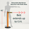 Retractable Belt Barrier Stanchion, Rolling Base, Orange Steel Post, 13 ft Belt - Montour Line MSE630