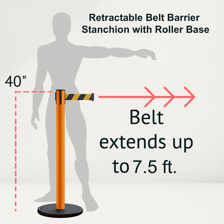 Retractable Belt Barrier Stanchion, Rolling Base, Orange Steel Post, 7.5 ft Belt - Montour Line MSE630