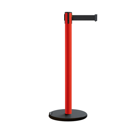 Retractable Belt Barrier Stanchion, Rolling Base, Red Steel Post, 11 ft Belt - Montour Line MSE630