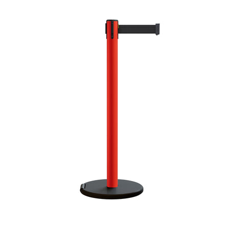 Retractable Belt Barrier Stanchion, Rolling Base, Red Steel Post, 13 ft Belt - Montour Line MSE630
