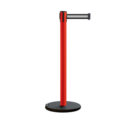 Retractable Belt Barrier Stanchion, Rolling Base, Red Steel Post, 11 ft Belt - Montour Line MSE630