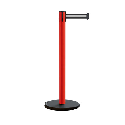 Retractable Belt Barrier Stanchion, Rolling Base, Red Steel Post, 13 ft Belt - Montour Line MSE630