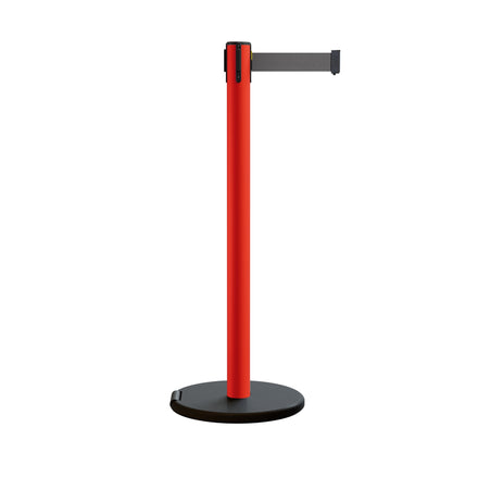 Retractable Belt Barrier Stanchion, Rolling Base, Red Steel Post, 11 ft Belt - Montour Line MSE630