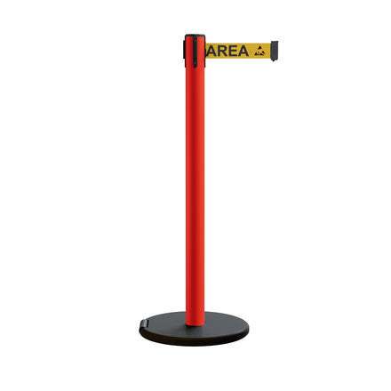 Retractable Belt Barrier Stanchion, Rolling Base, Red Steel Post, 11 ft Belt - Montour Line MSE630