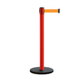 Retractable Belt Barrier Stanchion, Rolling Base, Red Steel Post, 11 ft Belt - Montour Line MSE630