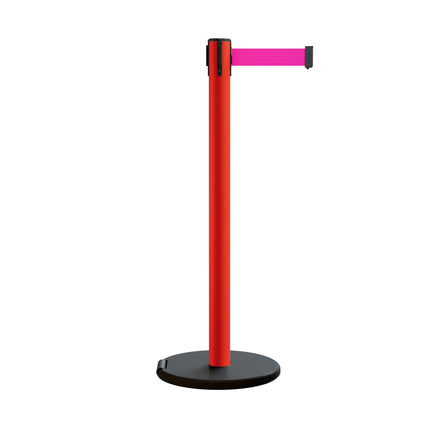 Retractable Belt Barrier Stanchion, Rolling Base, Red Steel Post, 11 ft Belt - Montour Line MSE630