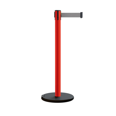 Retractable Belt Barrier Stanchion, Rolling Base, Red Steel Post, 11 ft Belt - Montour Line MSE630