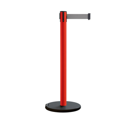 Retractable Belt Barrier Stanchion, Rolling Base, Red Steel Post, 13 ft Belt - Montour Line MSE630