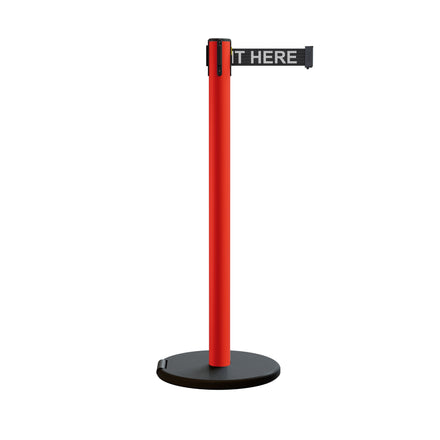 Retractable Belt Barrier Stanchion, Rolling Base, Red Steel Post, 11 ft Belt - Montour Line MSE630