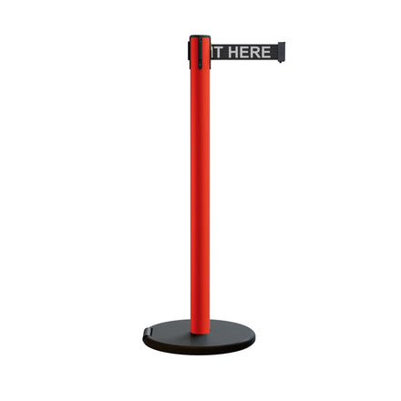 Retractable Belt Barrier Stanchion, Rolling Base, Red Steel Post, 13 ft Belt - Montour Line MSE630