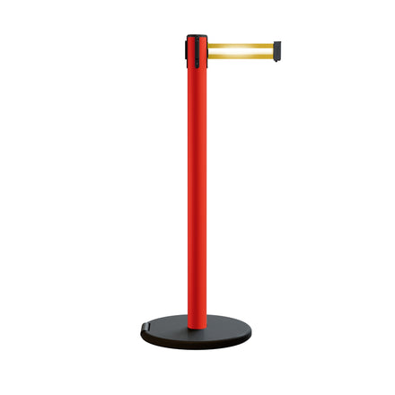 Retractable Belt Barrier Stanchion, Rolling Base, Red Steel Post, 11 ft Belt - Montour Line MSE630