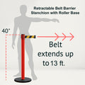 Retractable Belt Barrier Stanchion, Rolling Base, Red Steel Post, 13 ft Belt - Montour Line MSE630