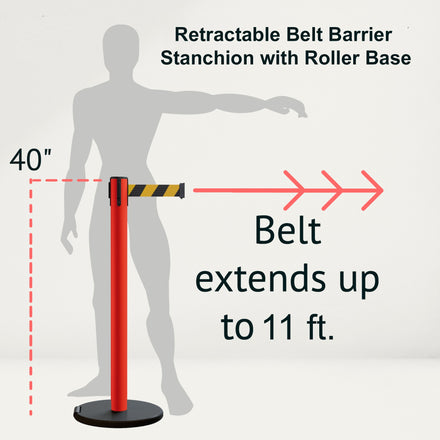 Retractable Belt Barrier Stanchion, Rolling Base, Red Steel Post, 11 ft Belt - Montour Line MSE630