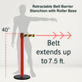 Retractable Belt Barrier Stanchion, Rolling Base, Red Steel Post, 7.5 ft Belt - Montour Line MSE630
