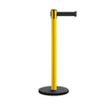 Retractable Belt Barrier Stanchion, Rolling Base, Yellow Steel Post, 13 ft Belt - Montour Line MSE630