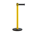 Retractable Belt Barrier Stanchion, Rolling Base, Yellow Steel Post, 7.5 ft Belt - Montour Line MSE630