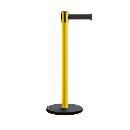 Retractable Belt Barrier Stanchion, Rolling Base, Yellow Steel Post, 7.5 ft Belt - Montour Line MSE630