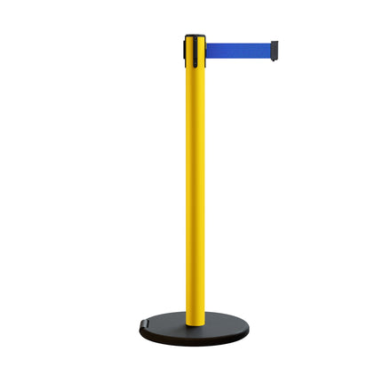 Retractable Belt Barrier Stanchion, Rolling Base, Yellow Steel Post, 7.5 ft Belt - Montour Line MSE630