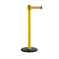 Retractable Belt Barrier Stanchion, Rolling Base, Yellow Steel Post, 7.5 ft Belt - Montour Line MSE630