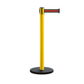 Retractable Belt Barrier Stanchion, Rolling Base, Yellow Steel Post, 7.5 ft Belt - Montour Line MSE630