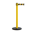 Retractable Belt Barrier Stanchion, Rolling Base, Yellow Steel Post, 7.5 ft Belt - Montour Line MSE630
