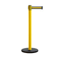 Retractable Belt Barrier Stanchion, Rolling Base, Yellow Steel Post, 7.5 ft Belt - Montour Line MSE630