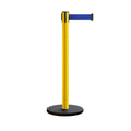 Retractable Belt Barrier Stanchion, Rolling Base, Yellow Steel Post, 7.5 ft Belt - Montour Line MSE630