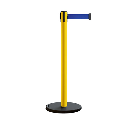 Retractable Belt Barrier Stanchion, Rolling Base, Yellow Steel Post, 7.5 ft Belt - Montour Line MSE630