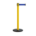 Retractable Belt Barrier Stanchion, Rolling Base, Yellow Steel Post, 13 ft Belt - Montour Line MSE630