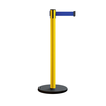 Retractable Belt Barrier Stanchion, Rolling Base, Yellow Steel Post, 13 ft Belt - Montour Line MSE630