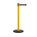 Retractable Belt Barrier Stanchion, Rolling Base, Yellow Steel Post, 7.5 ft Belt - Montour Line MSE630