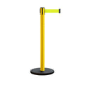 Retractable Belt Barrier Stanchion, Rolling Base, Yellow Steel Post, 7.5 ft Belt - Montour Line MSE630