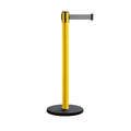 Retractable Belt Barrier Stanchion, Rolling Base, Yellow Steel Post, 7.5 ft Belt - Montour Line MSE630