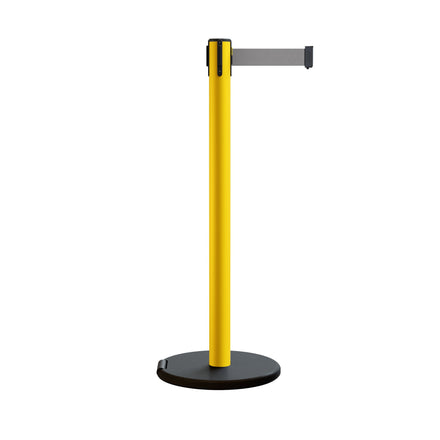 Retractable Belt Barrier Stanchion, Rolling Base, Yellow Steel Post, 7.5 ft Belt - Montour Line MSE630
