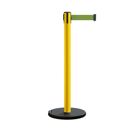Retractable Belt Barrier Stanchion, Rolling Base, Yellow Steel Post, 7.5 ft Belt - Montour Line MSE630