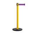 Retractable Belt Barrier Stanchion, Rolling Base, Yellow Steel Post, 7.5 ft Belt - Montour Line MSE630