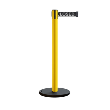 Retractable Belt Barrier Stanchion, Rolling Base, Yellow Steel Post, 7.5 ft Belt - Montour Line MSE630