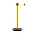 Retractable Belt Barrier Stanchion, Rolling Base, Yellow Steel Post, 7.5 ft Belt - Montour Line MSE630