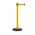 Retractable Belt Barrier Stanchion, Rolling Base, Yellow Steel Post, 7.5 ft Belt - Montour Line MSE630