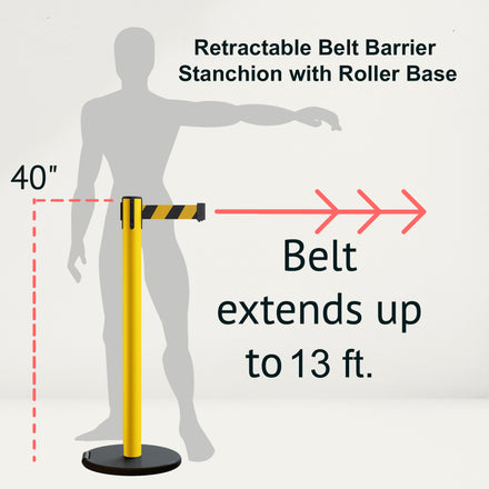 Retractable Belt Barrier Stanchion, Rolling Base, Yellow Steel Post, 13 ft Belt - Montour Line MSE630