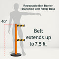 Retractable Belt Barrier Stanchion, Rolling Base, Orange Steel Post, 7.5 ft Dual Belt - Montour Line MSE630D