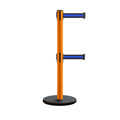 Retractable Belt Barrier Stanchion, Rolling Base, Orange Steel Post, 7.5 ft Dual Belt - Montour Line MSE630D