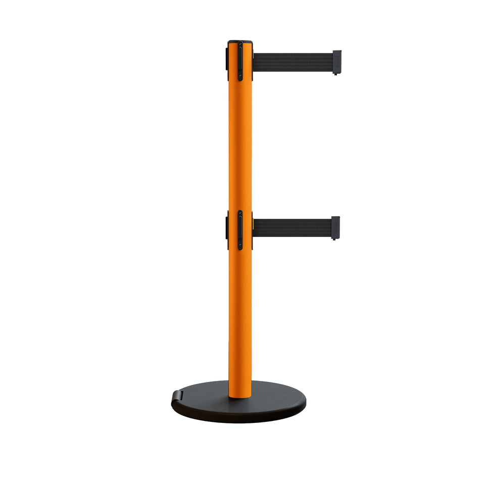 Retractable Belt Barrier Stanchion, Rolling Base, Orange Steel Post, 7.5 ft Belt - Montour Line MSE630D