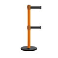 Retractable Belt Barrier Stanchion, Rolling Base, Orange Steel Post, 7.5 ft Dual Belt - Montour Line MSE630D