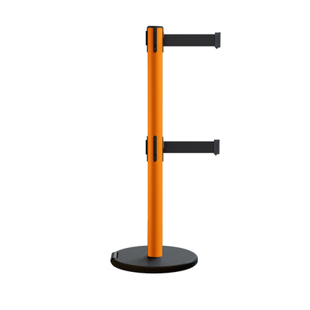 Retractable Belt Barrier Stanchion, Rolling Base, Orange Steel Post, 7.5 ft Belt - Montour Line MSE630D