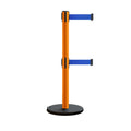 Retractable Belt Barrier Stanchion, Rolling Base, Orange Steel Post, 7.5 ft Dual Belt - Montour Line MSE630D