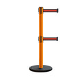 Retractable Belt Barrier Stanchion, Rolling Base, Orange Steel Post, 7.5 ft Dual Belt - Montour Line MSE630D